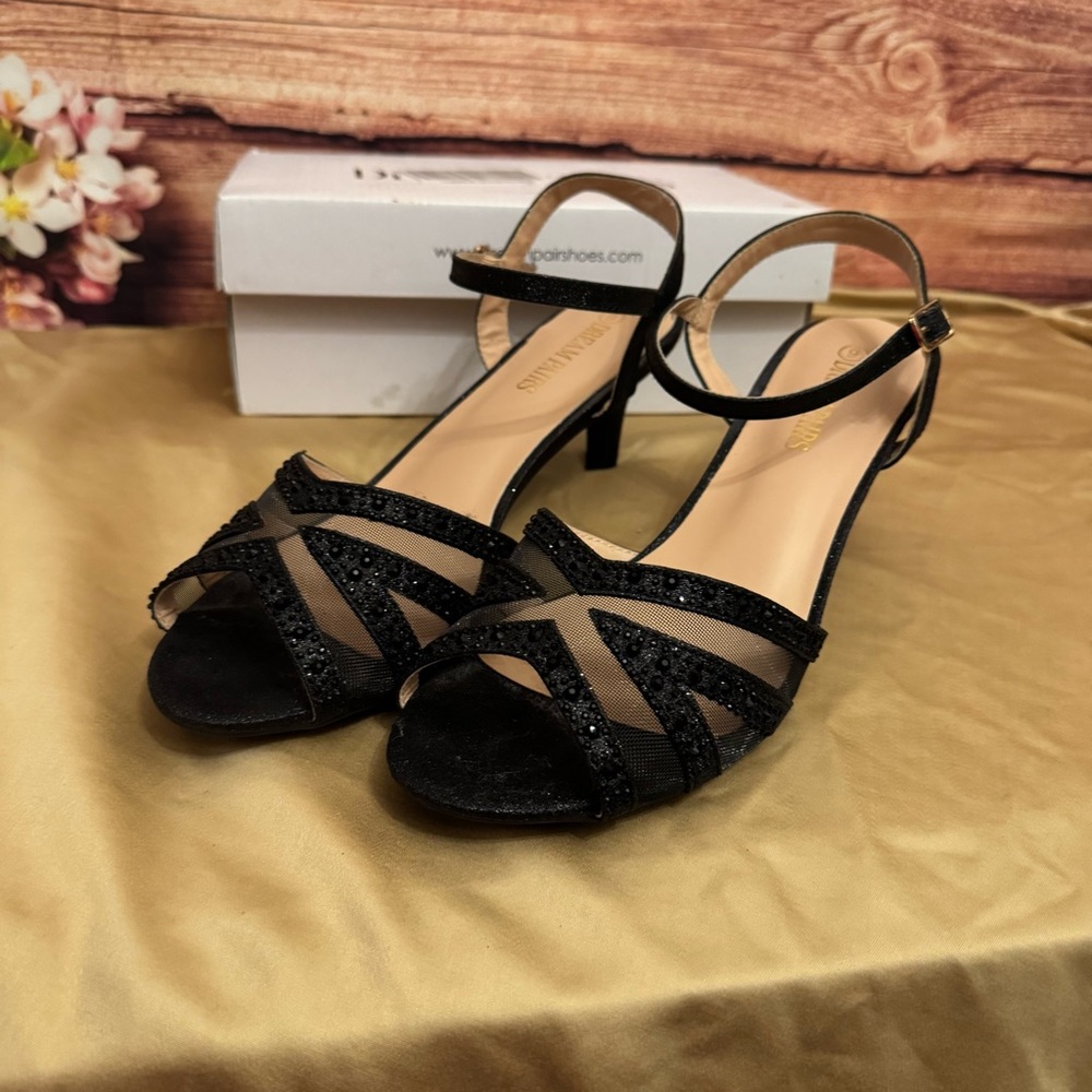 Dream Pairs Black Rhinestone Strappy Heels Size 9 Evening Formal Wedding Shoes
